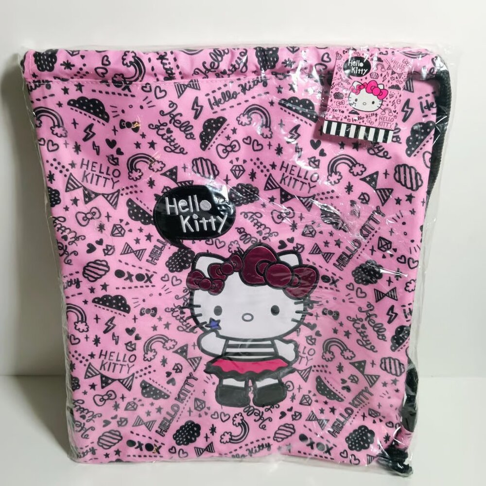 Hello Kitty Pink Black Icons Drawstring Bag Backpack Heavy Canvas